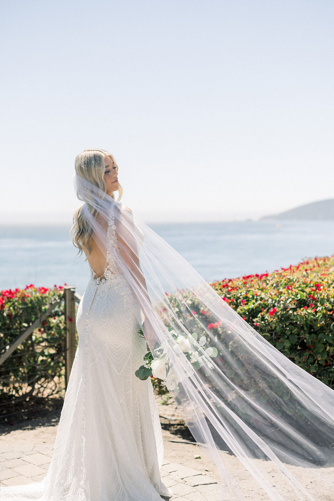 Bride wearing long wedding veil at Dolphin Bay Resort in Pismo Beach, CA