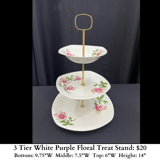 3 Tier White Purple Floral Treat Stand-933
