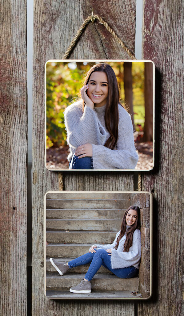 Rustic wood photo display featuring two connected 12x12 blocks tied with twine rope, each showcasing a high school senior portrait, styled with natural textures and warm tones for a handcrafted presentation.