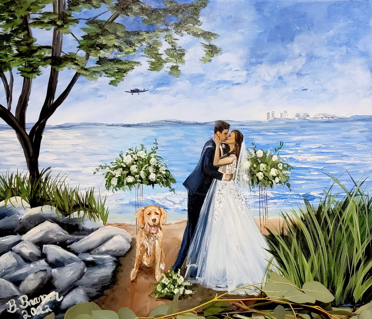 Live wedding painting of a bride and groom sharing a kiss near the water at the Chesapeake Bay Beach Club in Stevensville, Maryland