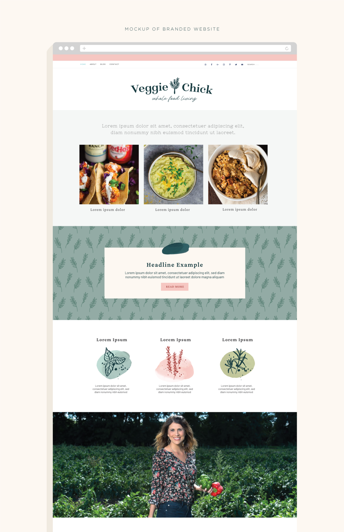 Mocked up how a branded website could look like for Veggie Chick. Shows how to use a brand pattern and the custom illustrations.