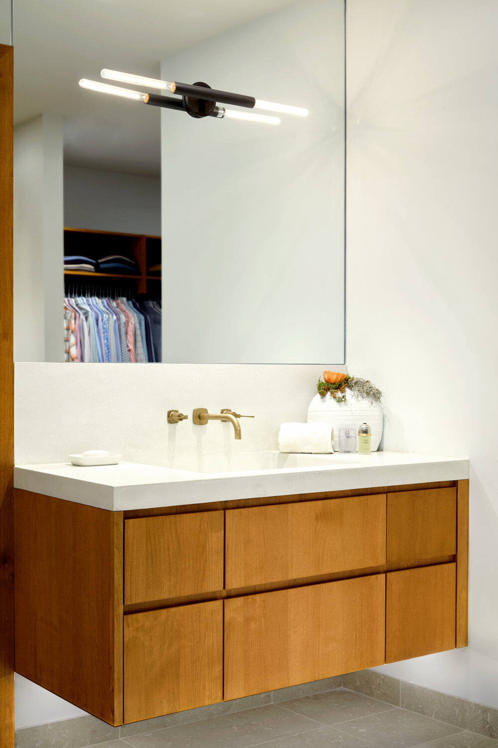 Panageries Residential Interior Design | Pacific NW Modern Dwelling Vanity Detail with modern lighting and floating cabinets