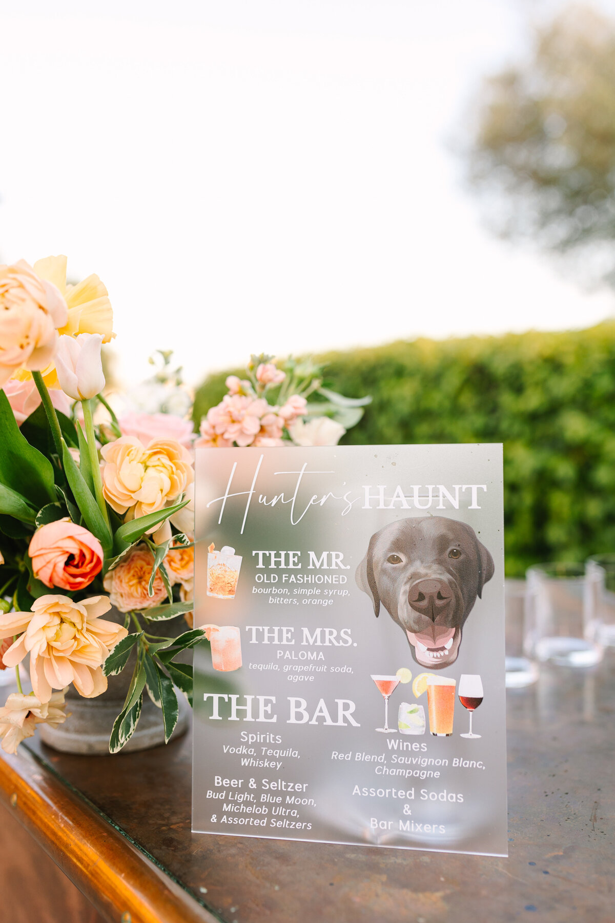 close-up image of bar menu with signature bride and groom cocktails.