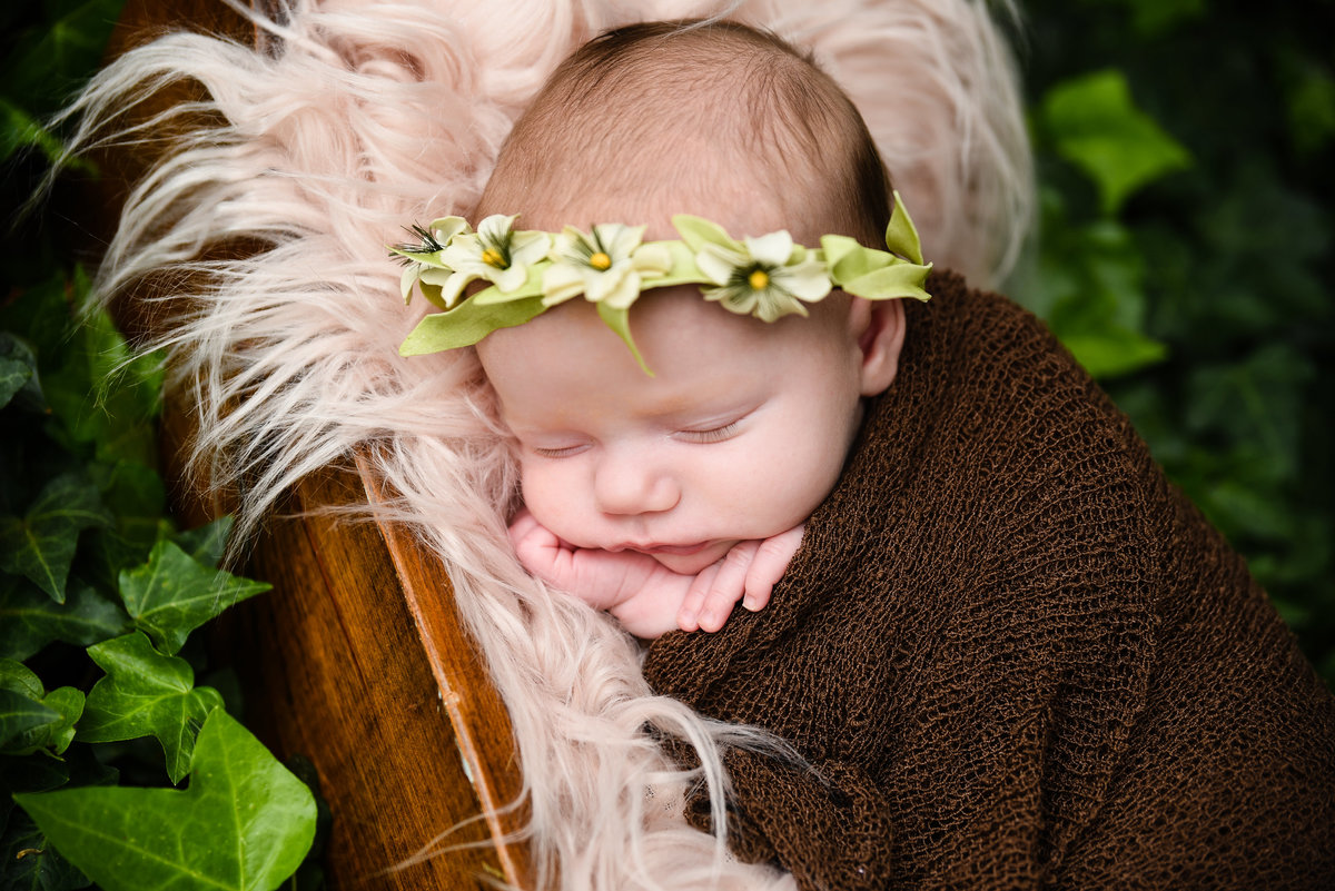Beautiful Mississippi newborn photography: newborn girl with floral headband in a wooden cradle among a bed of ivy