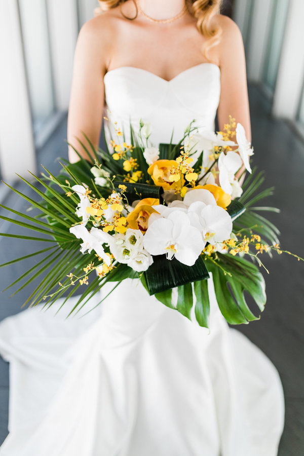 Close-Up of Tropical-Inspired Bridal Bouquet at Grand Rapids Art Museum