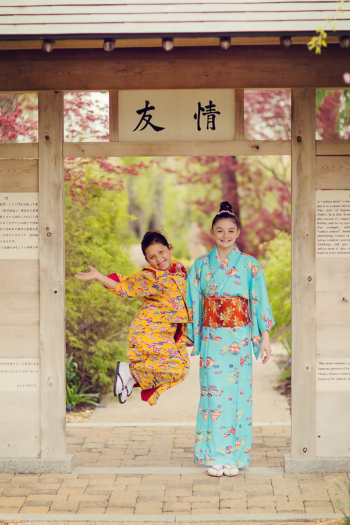 Two sweet girls at the Japanese Garden in Carmel, Indiana. They are wearing kimonos for a family photo shoot.