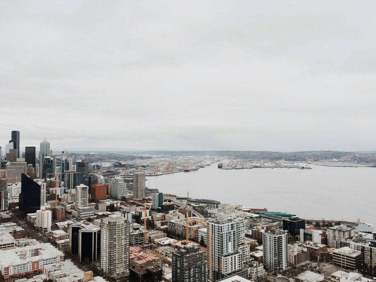 Greater Seattle area skyline overlooking waterfront and Lake Washington