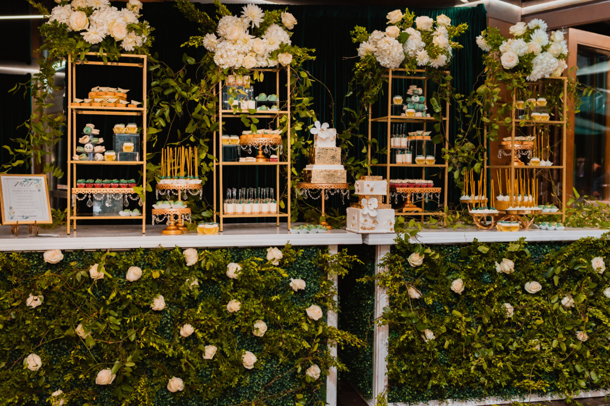emerald-green-gold-luxury-reception-greenery-dessert-bar-cake-cupcakes-mousse