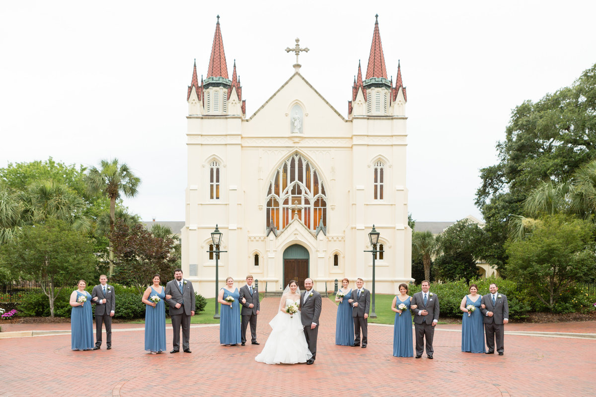 Wedding party in front of St. Joseph Catholic Church at Springhill College in Mobile, Alabama.
