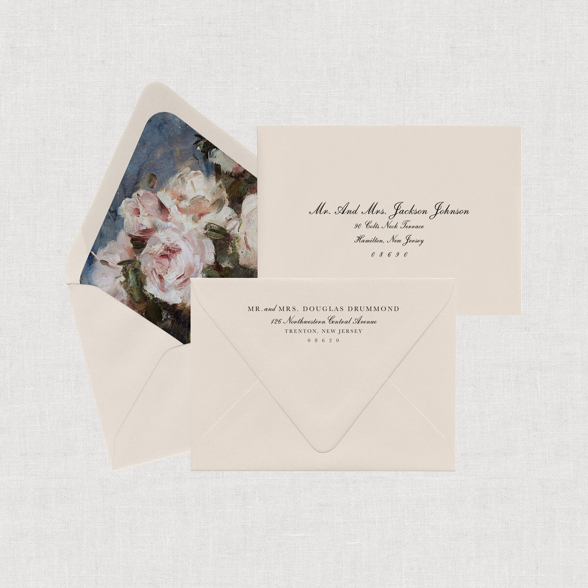 Traditional vintage 1950 wedding invite with printed mailing taupe envelope and printed antique liner.