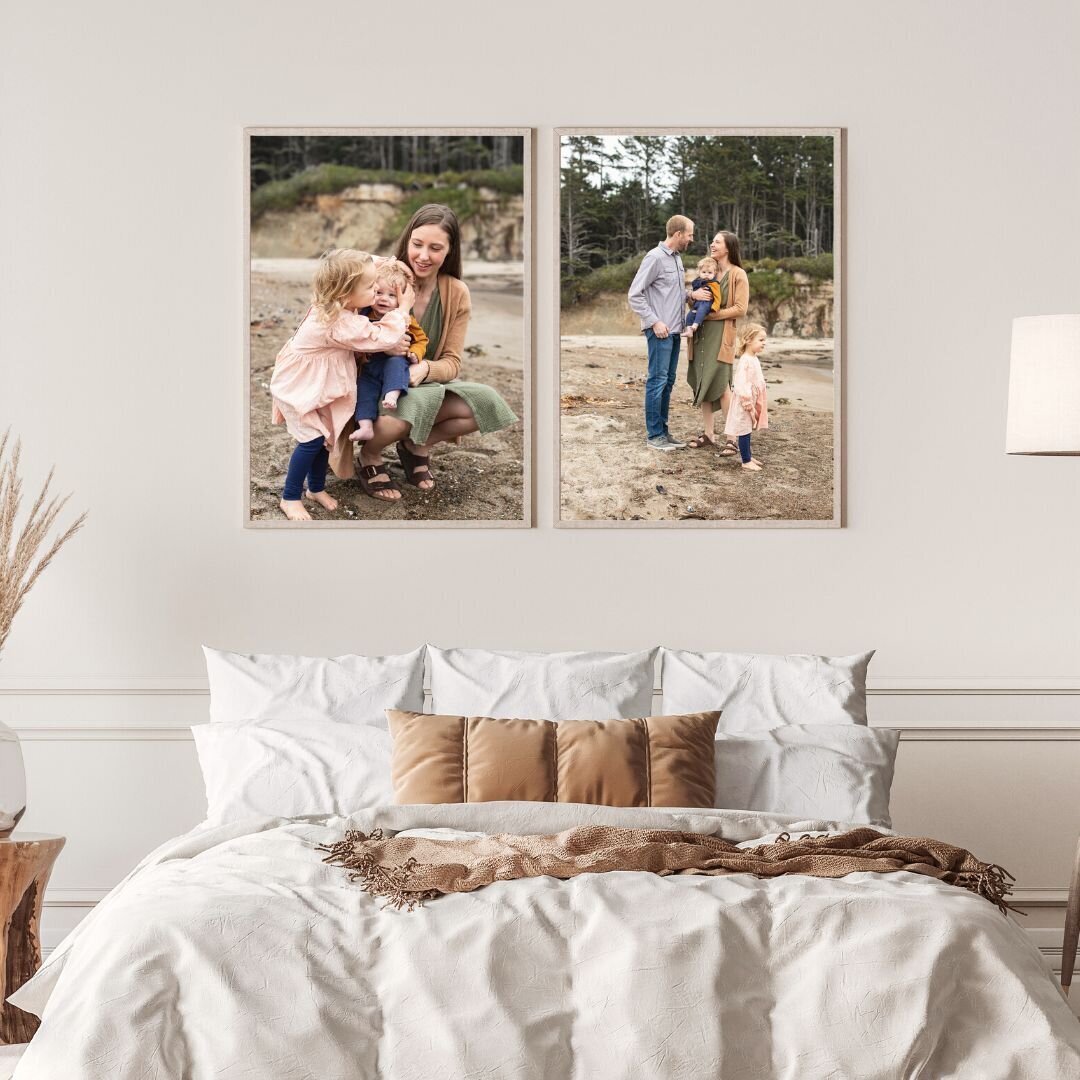 Vancouver Washington photographer shows mock up of family photos above bed in large bedroom.