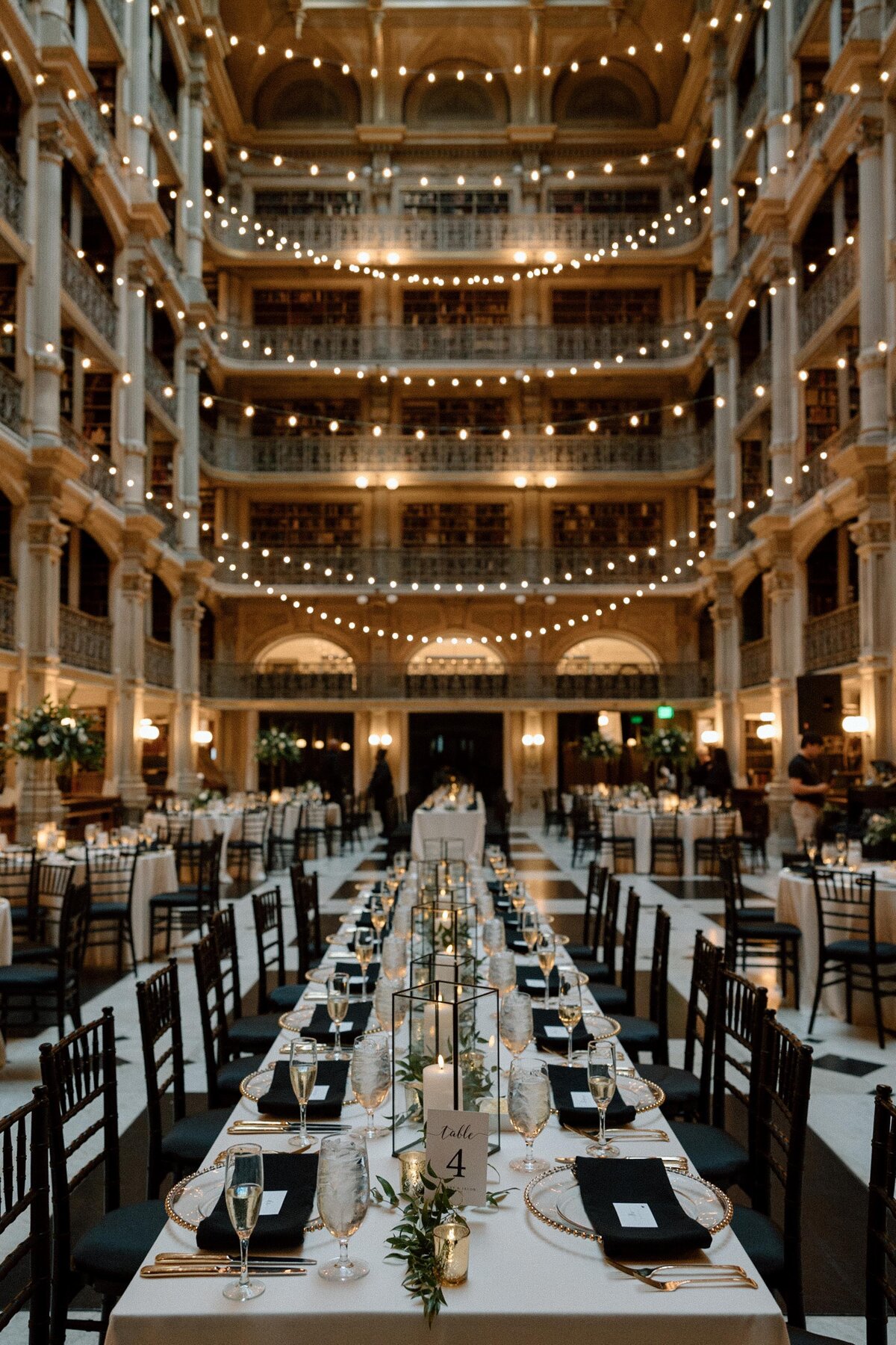 Event-Planning-DC-Wedding-George-Peabody-Library-Venue-Baltimore-Tablescape-Black-Gold-White-Anna-Lowe-Photography-