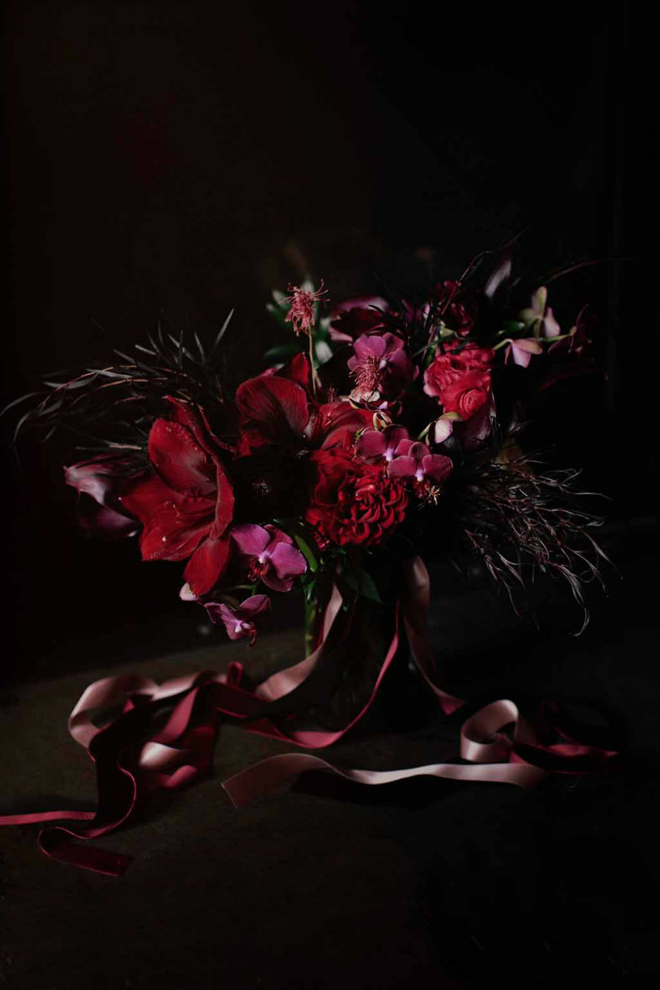 Dark, moody and dramatic bridal bouquet with black agonis and dark red amaryllis with velvet ribbon.