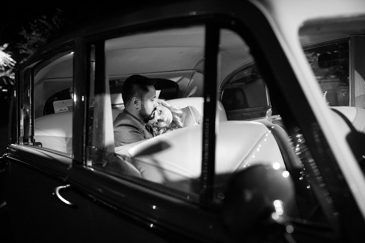 Green Gables wedding photos in classic car black and white