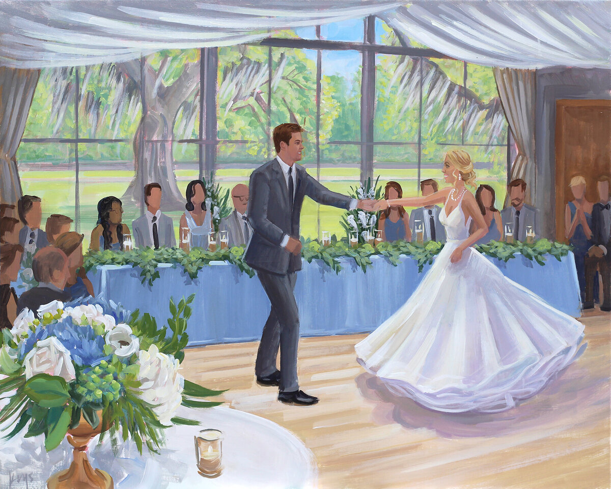 bride and groom dancing in painting