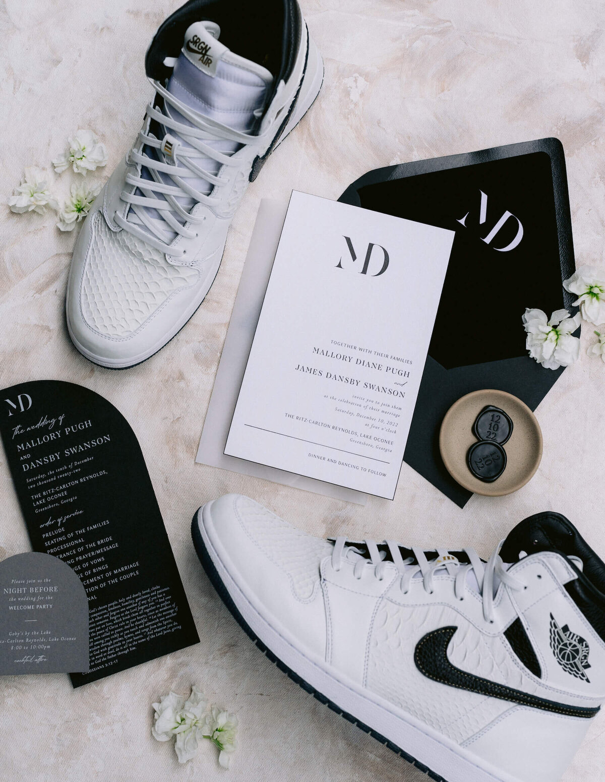 Black and white modern elegant wedding invitation and custom Nikes