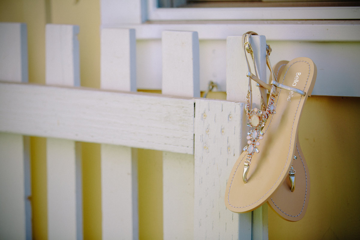 The bride's sandals at a wedding at Beltane Ranch, Sonoma.