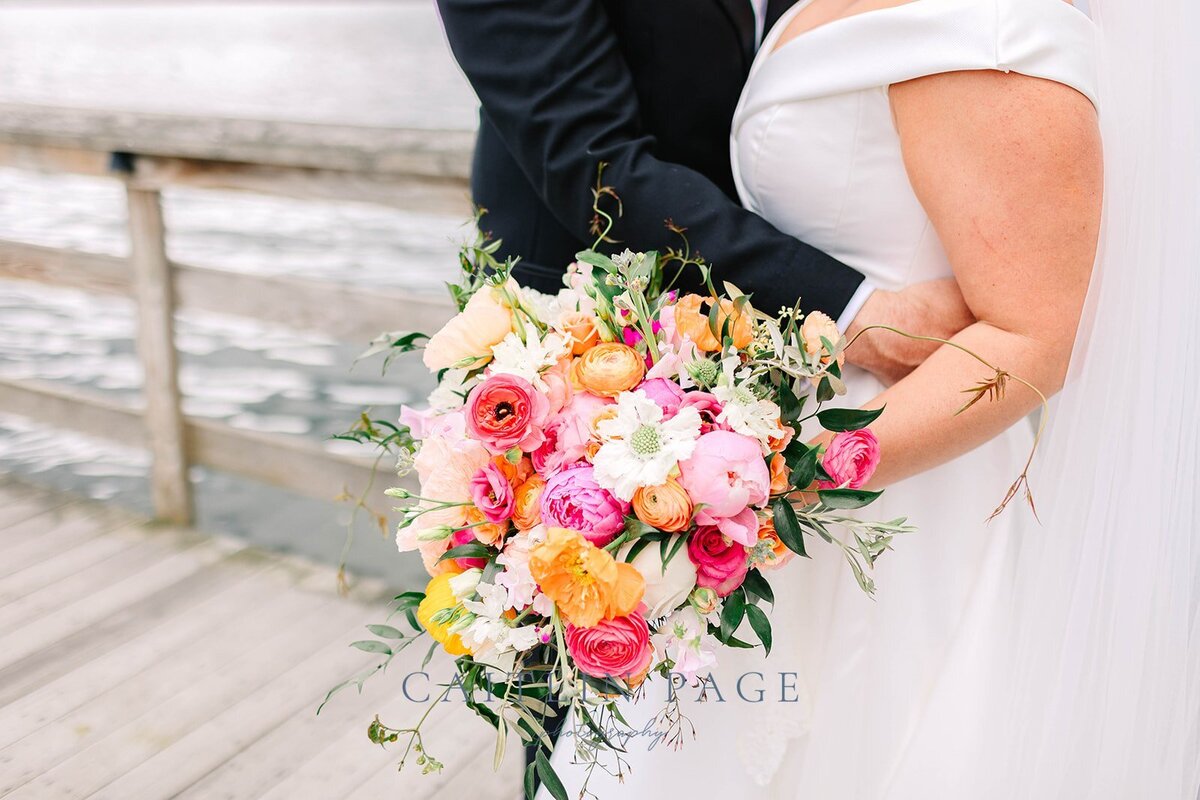 Colorful bridal bouquet photo during first look