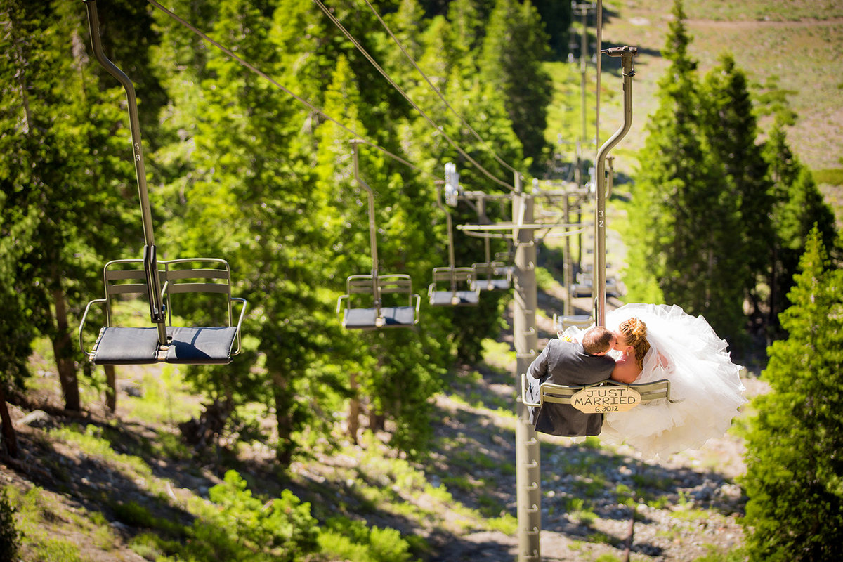 Mammoth Mountain wedding photos bride and groom ski lift