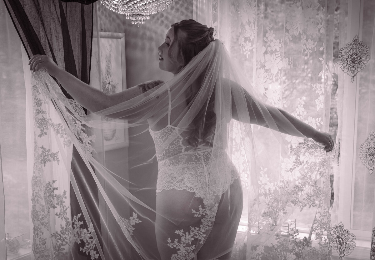 goddess studio boudoir bridal veil black and white window light chandelier lace