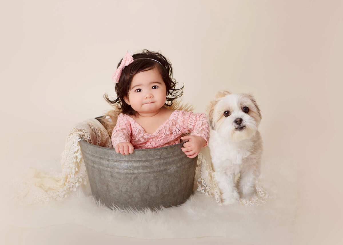 sitter session in los angeles, little girl sitting in a bucket with the puppy