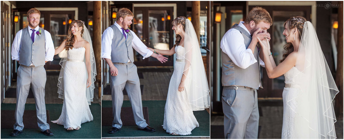 A  photo collage of a bride walking up to her groom for their first look at St. Mary's Lodge in Estes Park, Colorado