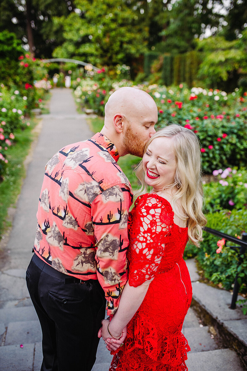 Engaged couple at the International Rose Test Garden in Portland, Oregon by Portland Wedding photographer, Meredith Amadee Photography