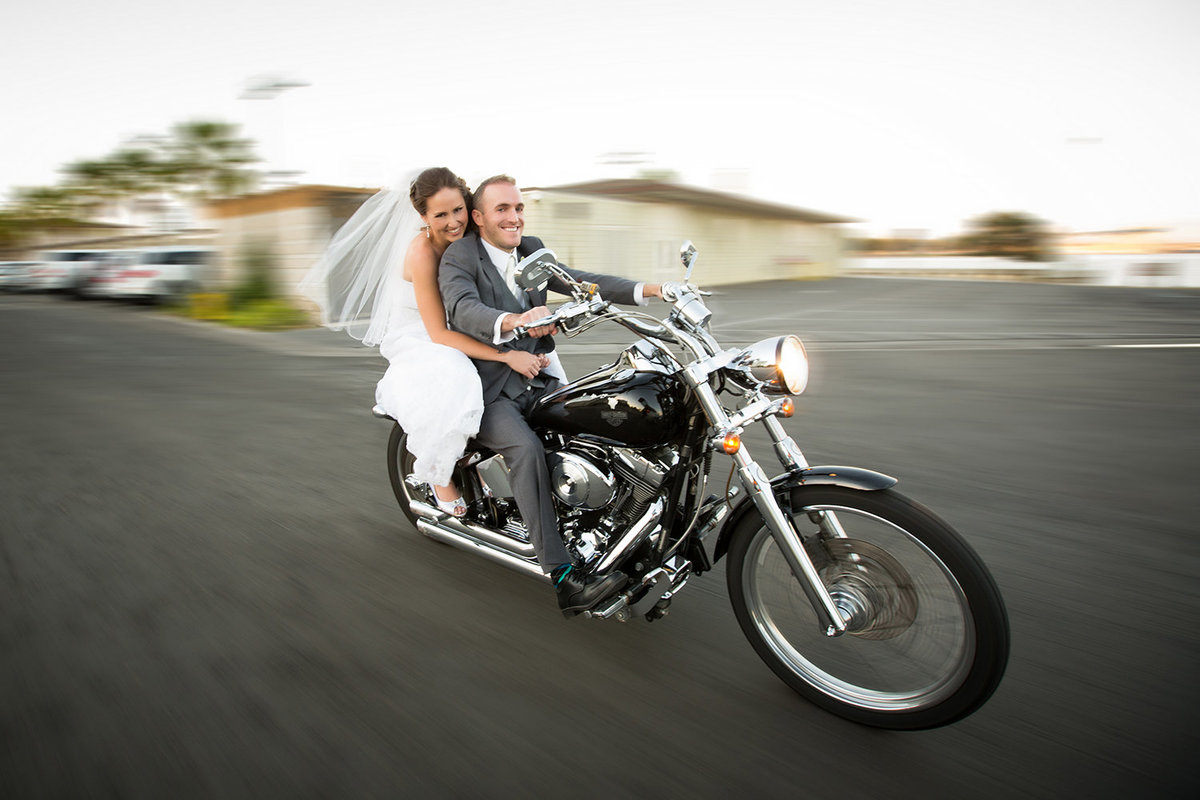 Ocean Beach wedding photos  bride and groom on motorcycle
