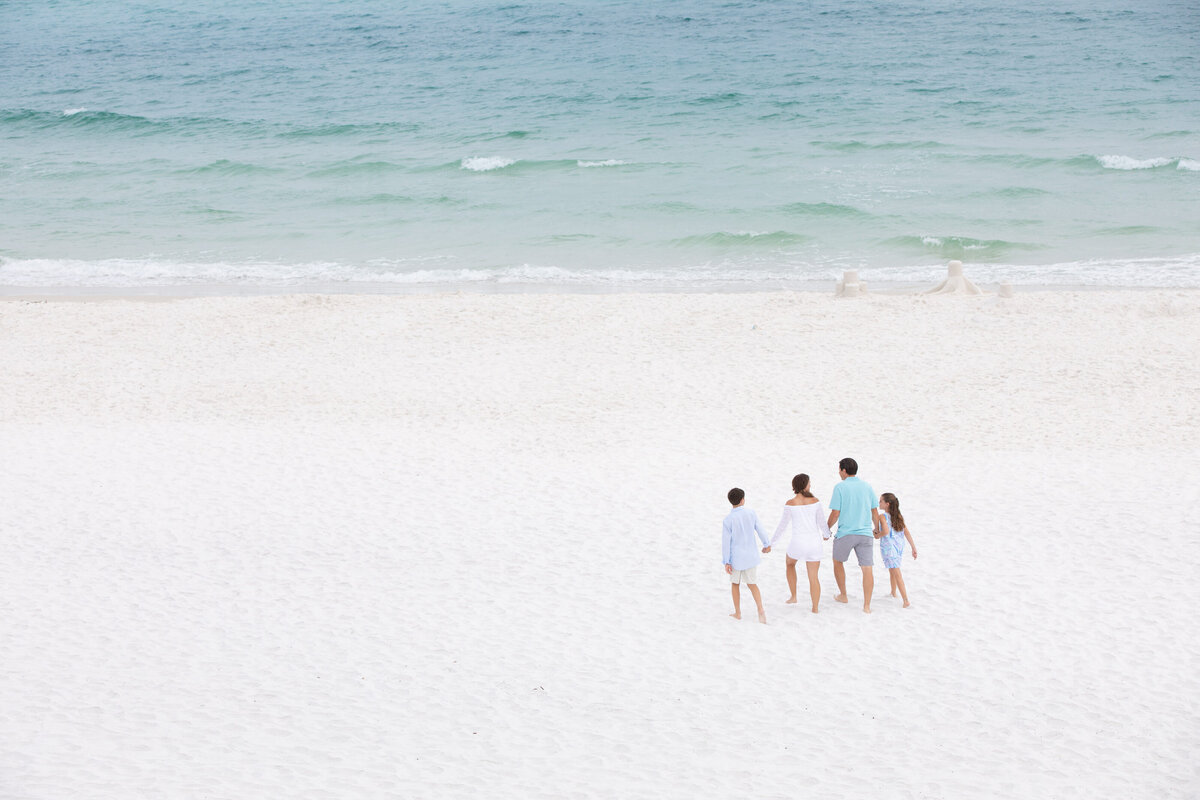 A family in the distance walking along the beach