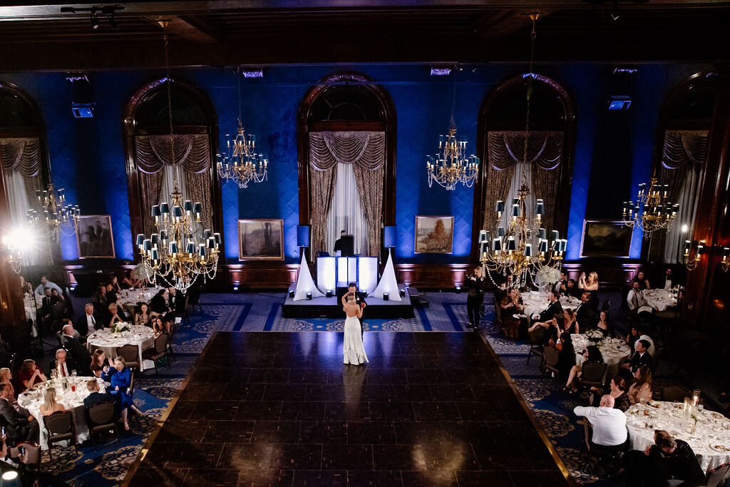 Bride and Groom share first dance in the Union League Club of Chicago's elegant ballroom.