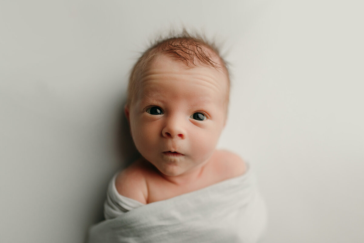 Newborn baby stares intensely at camera for portrait. Baby is wrapped in white on a white background in our Waukesha, Wisconsin studio.