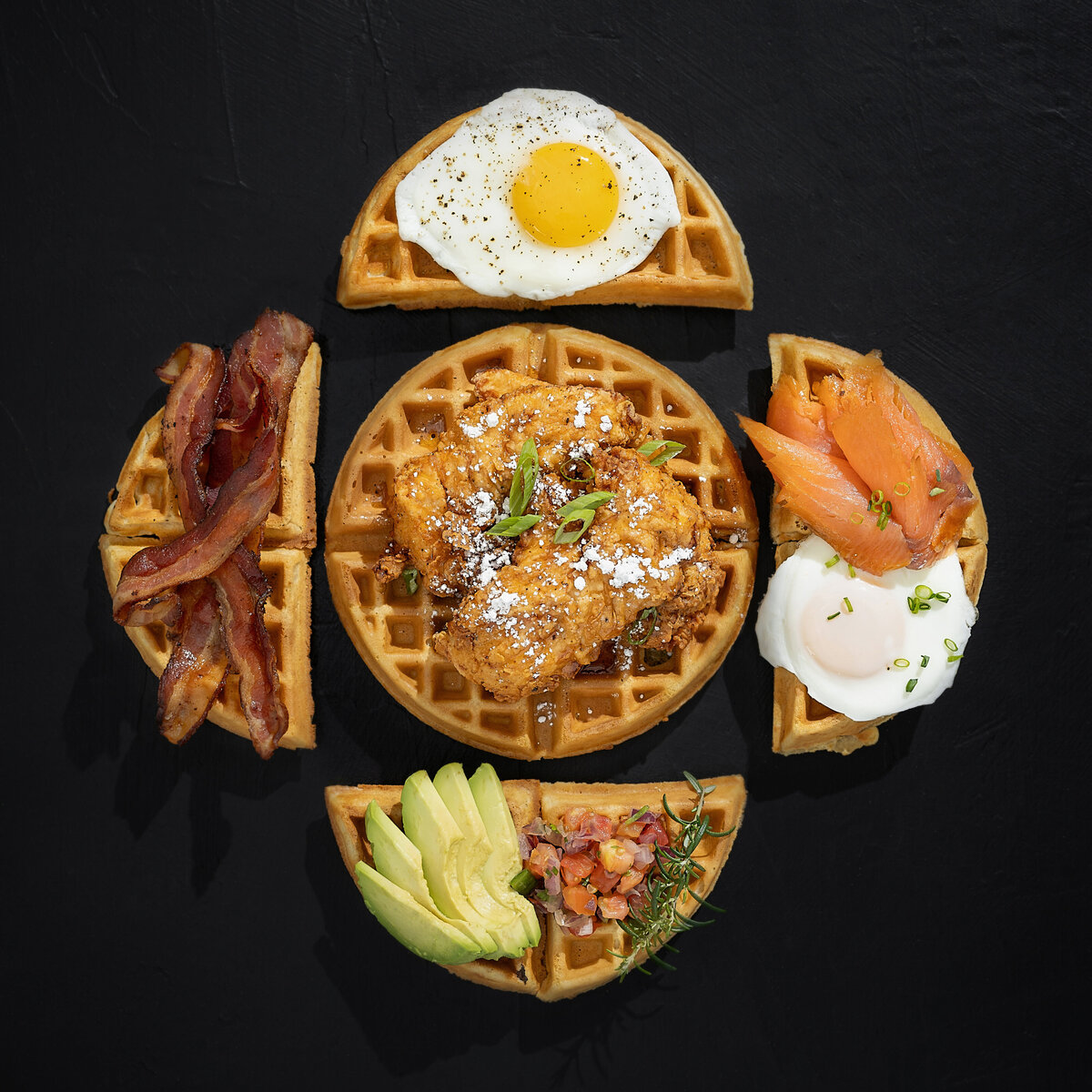 Waffles with various breakfast toppings