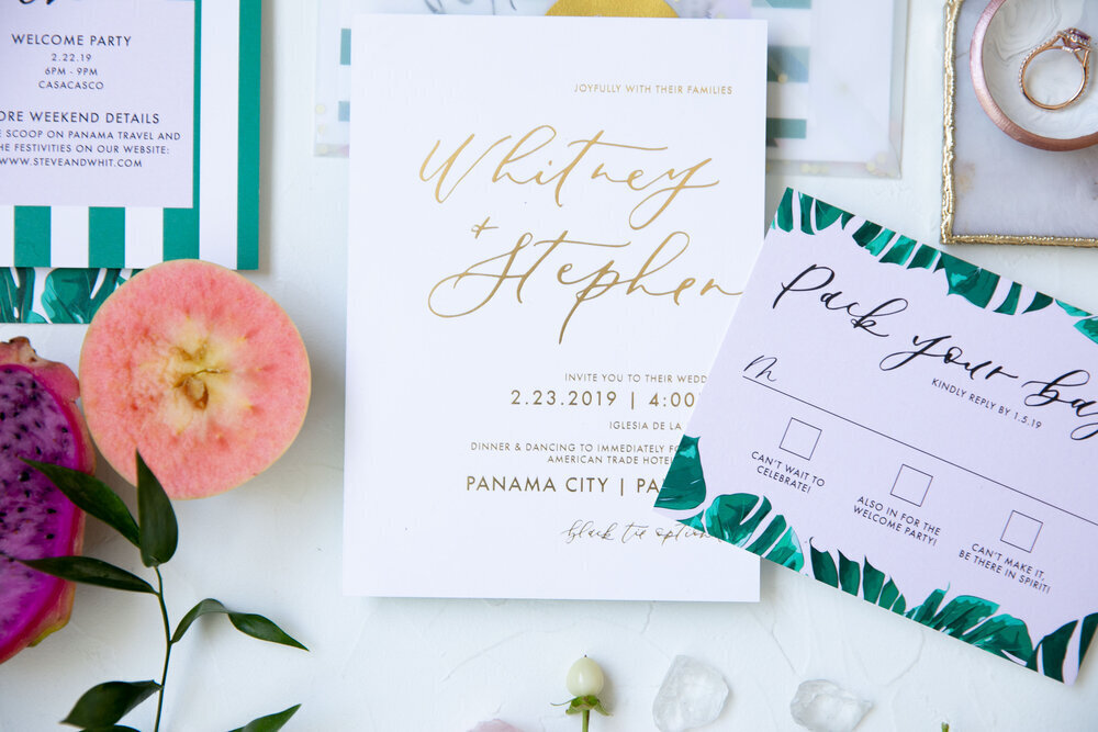 Gold+and+pink+tropical+wedding+invitations