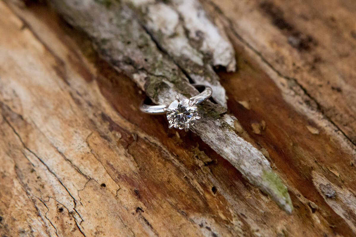 Closeup of a diamond ring on a piece of wood New York engagement photographer Milestone Images