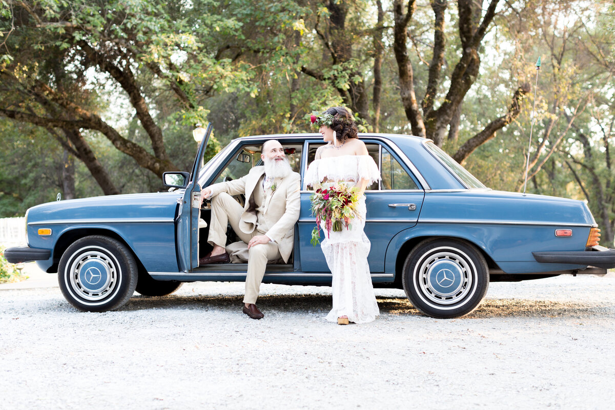 Boho vintage car bay area wedding day sparks ranch resort Sonora, Ca