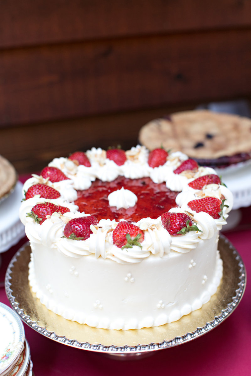 Strawberry cake and pies for brunch at a Tahoe wedding