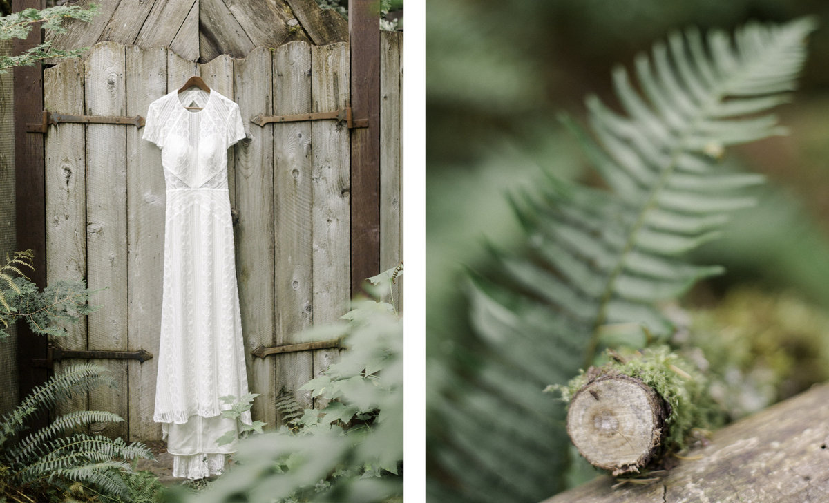 two images one of a wedding dress hung on a wooden door and another photo of the wooden gate with ferns from forest floor