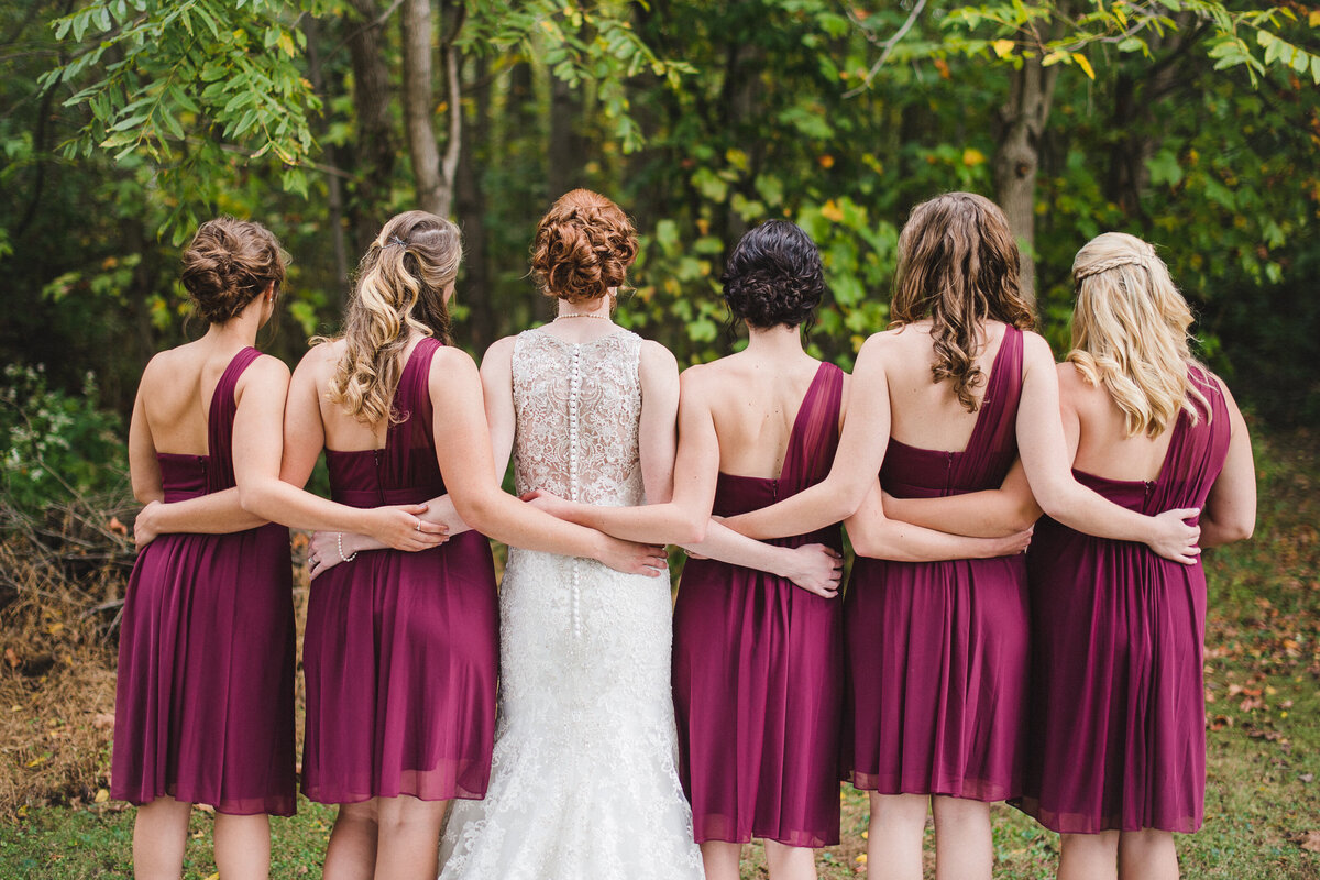 bride with bridesmaids facing backwards with arms around each other