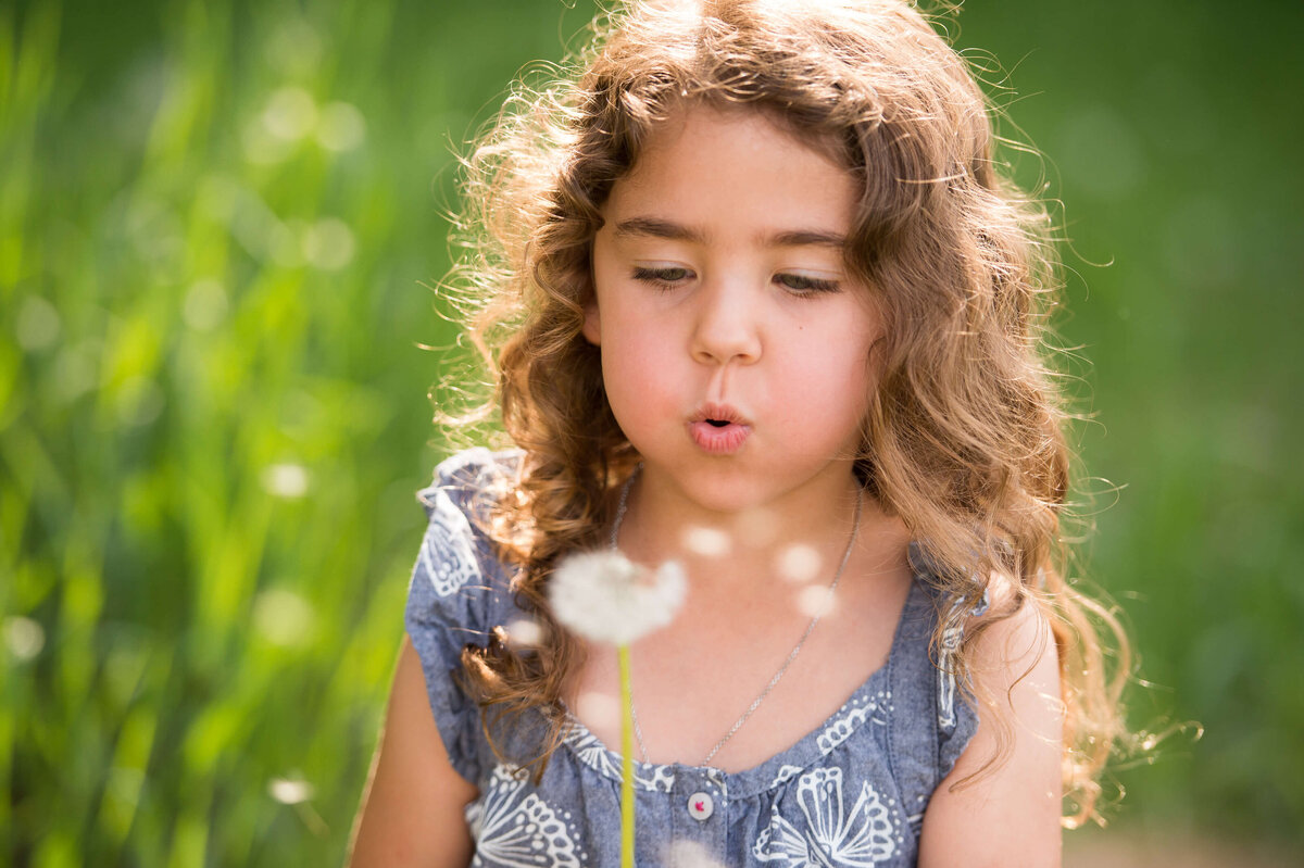 Ottawa Family Photography of a young girl blowing a dandelion  in a grassy field