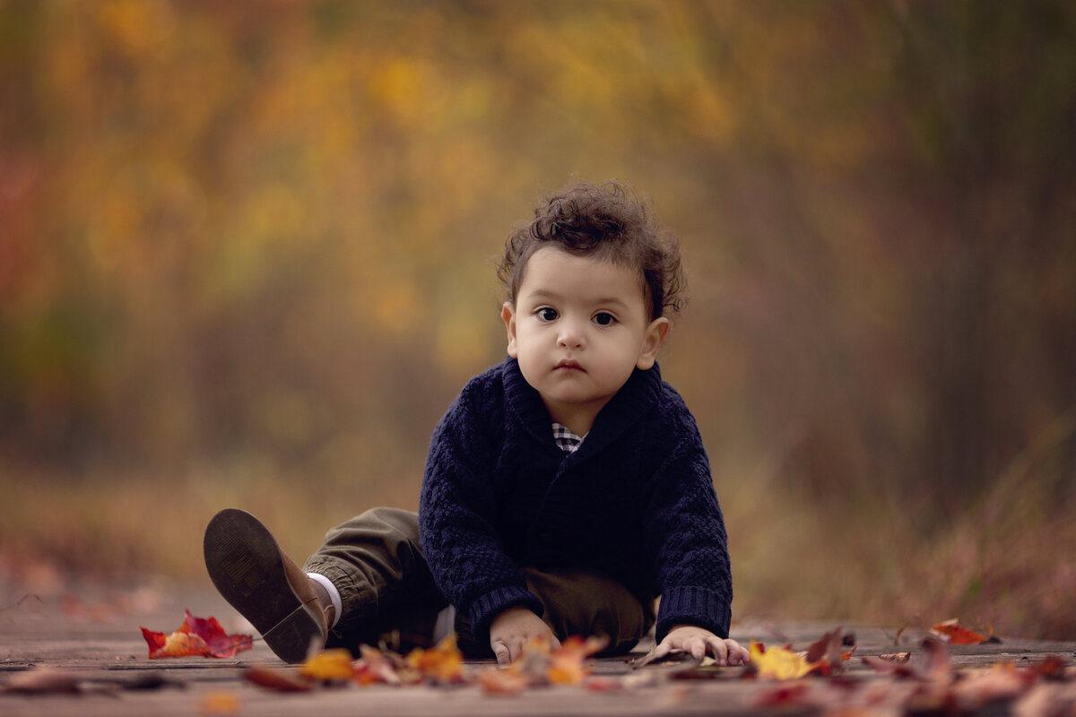 A toddler boy in a blue sweater crawls on a leaf covered park sidewalk