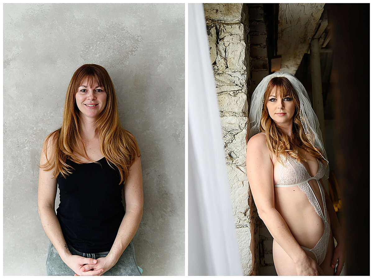 Before and after photo of a bride for her boudoir photography sesion