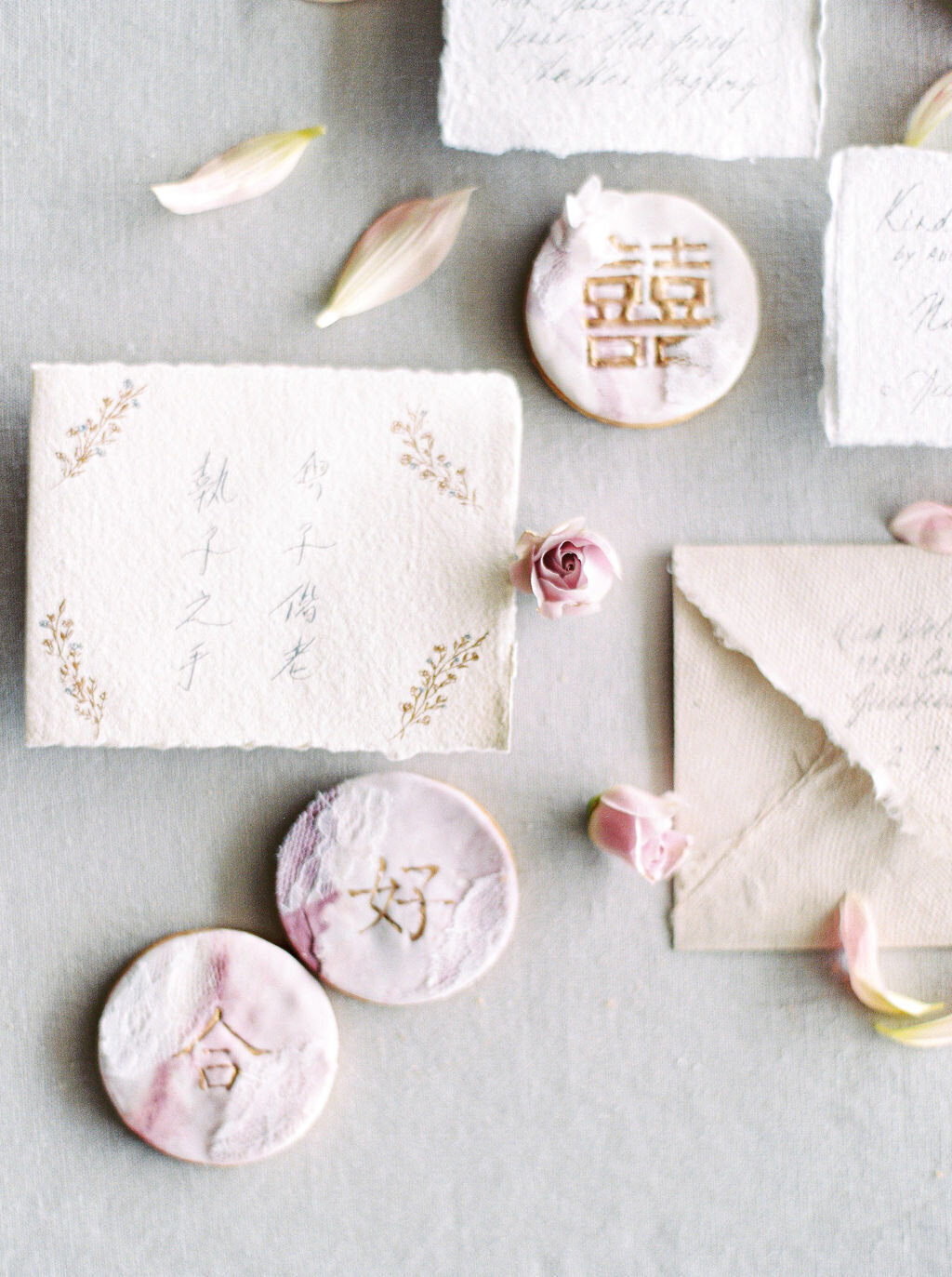 modern chinese wedding invitation flatlay