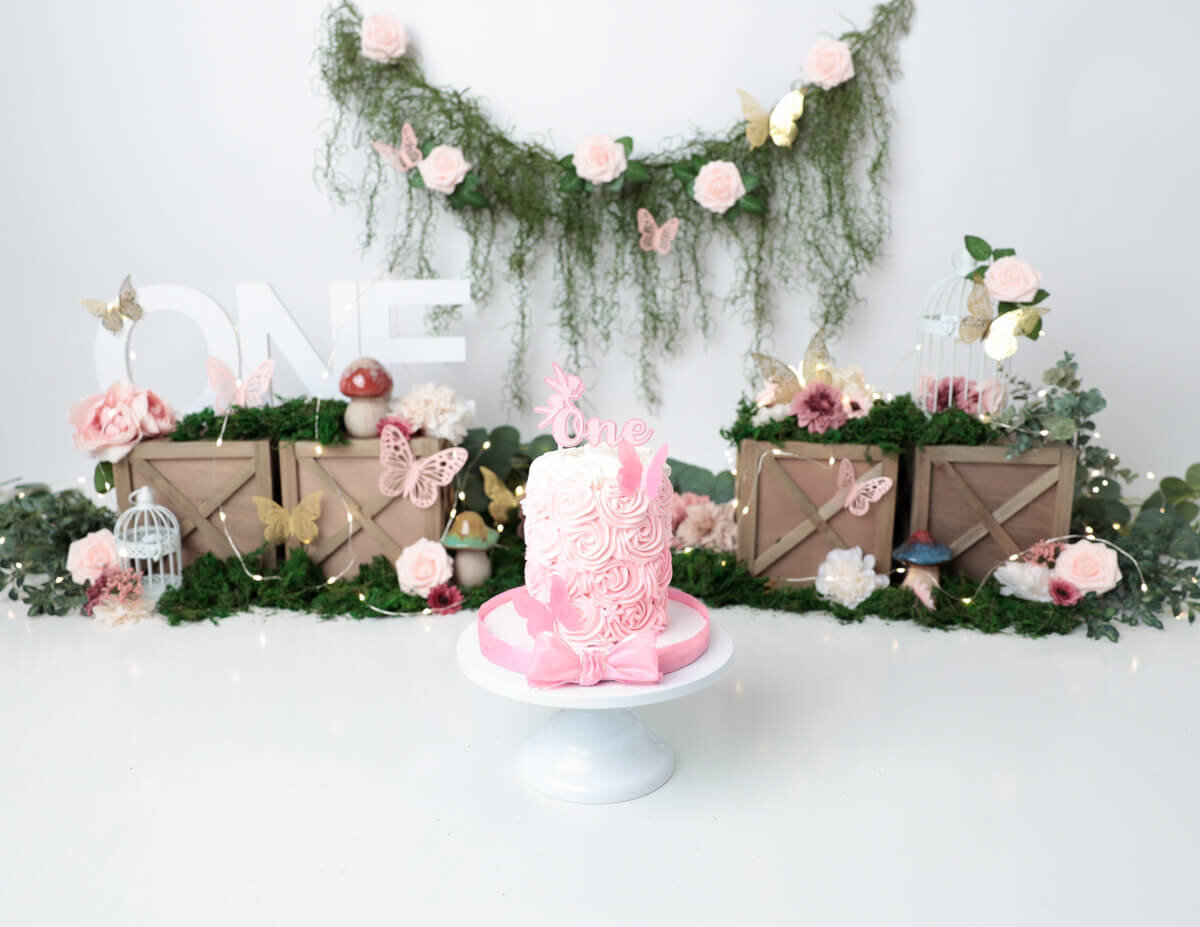 Baby's first cake smash captured in a rustic boho setting in Rochester, NY, featuring natural elements and soft textures.