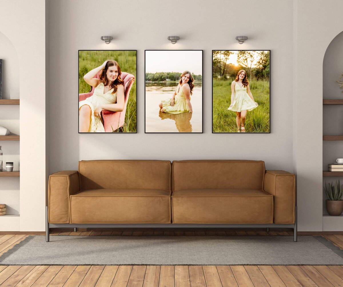 beautiful gallery of senior photography images hanging above a brown leather couch in a living room near Green Bay