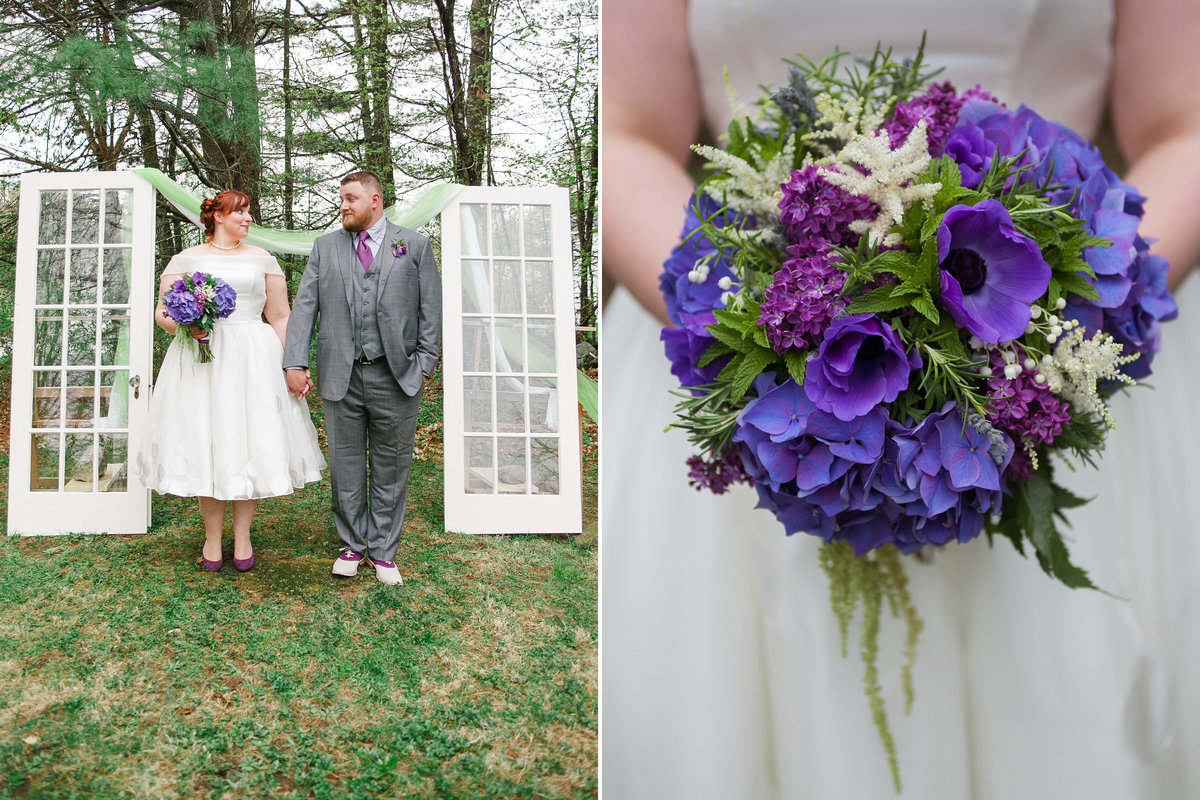 Unique outdoor  portrait of Oregon  bride and groom  in DYI altar with old windows with purple bouquet and grey tux | Susie Moreno Photography