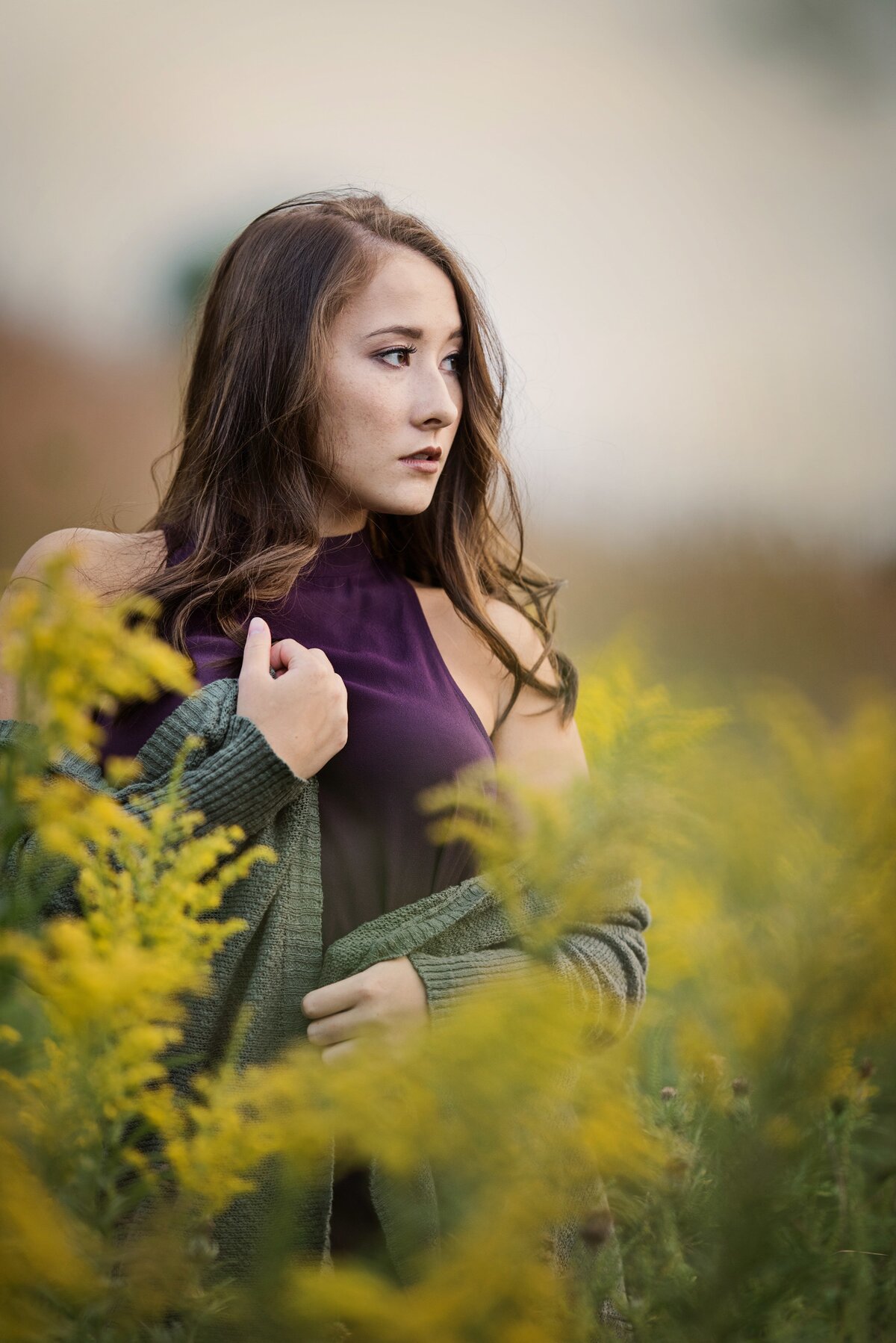 Chanhassen Minnesota  high school senior picture of girl in purple dress in yellow flowers in nature