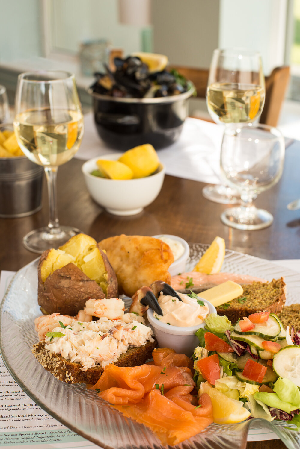 Colourful seafood platter for two with crab claws and salmon