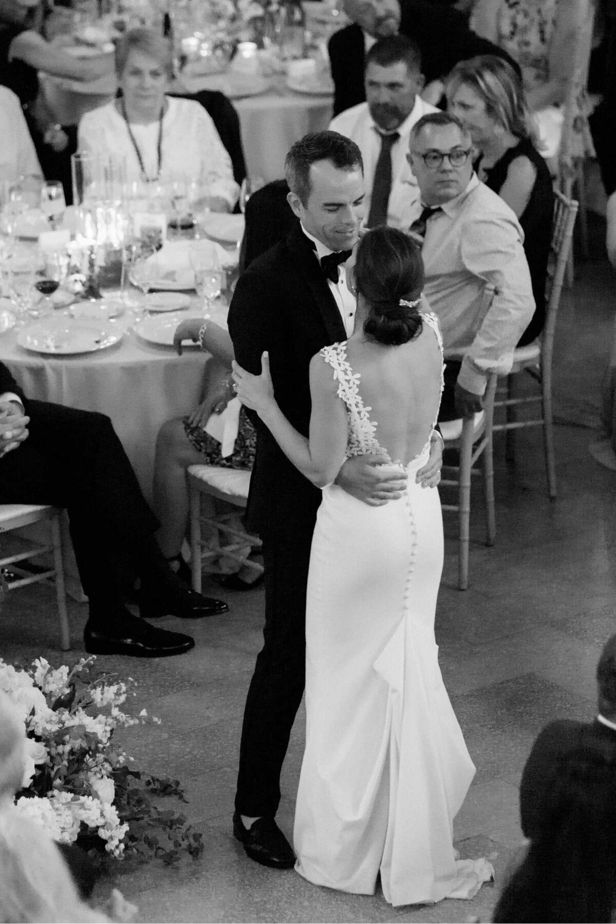 Black and white photo of the couple's first dance at Luxury Chicago Outdoor Historic Wedding Venue.