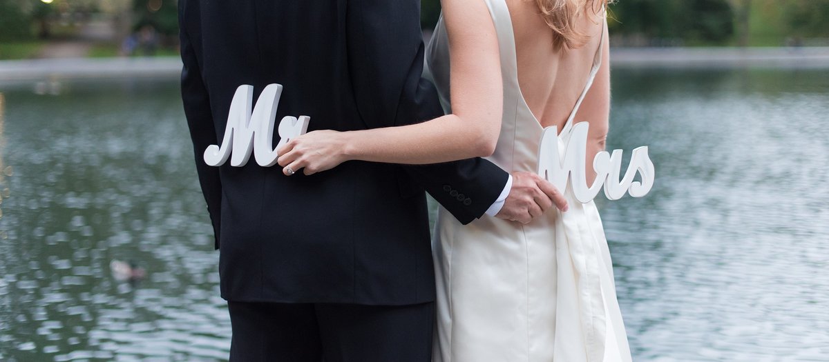 Bride and Groom holding Mr. and Mrs. Signs behind eachother's backs photo