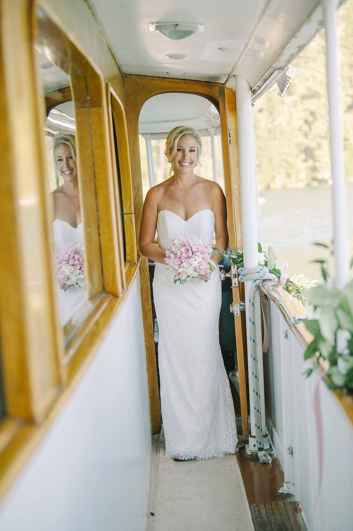 Bride on boat wedding in Lake tahoe